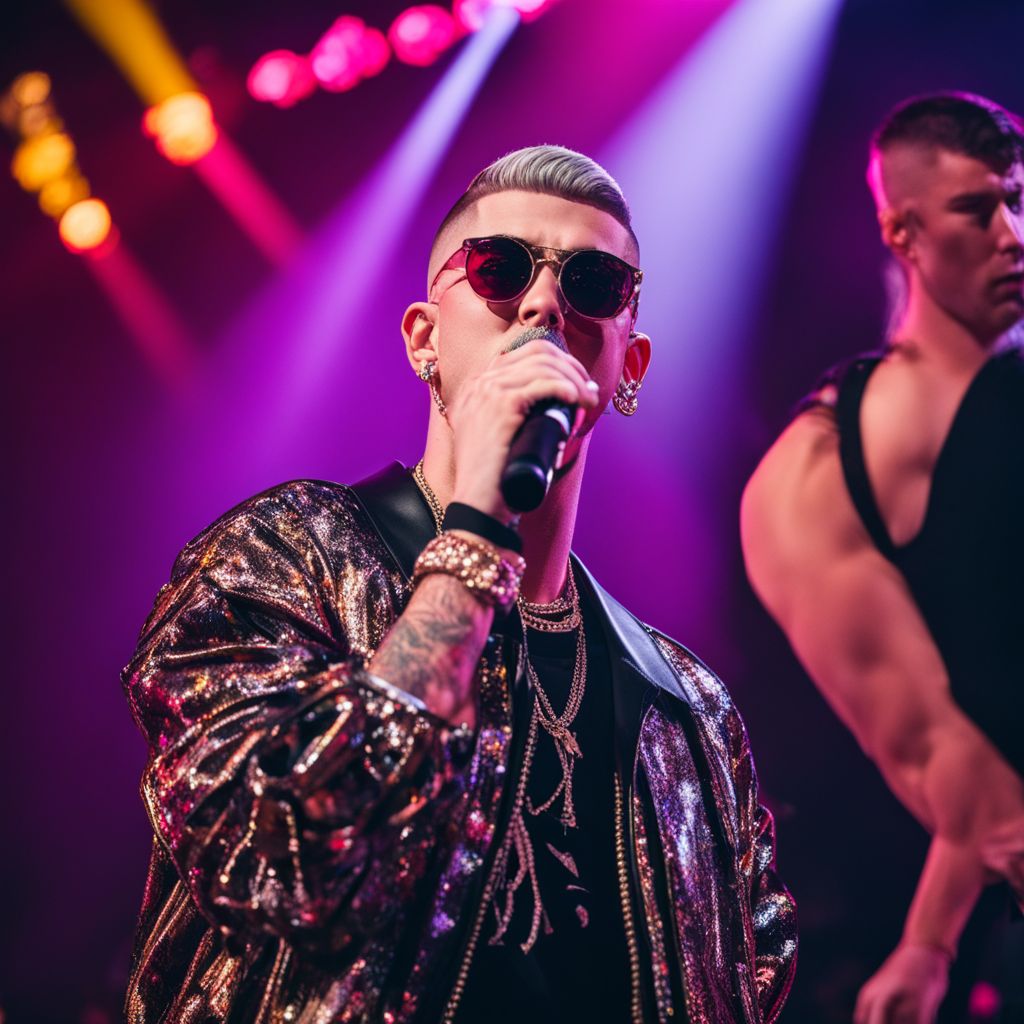 Bad Bunny performing on a vibrant stage with cheering fans.