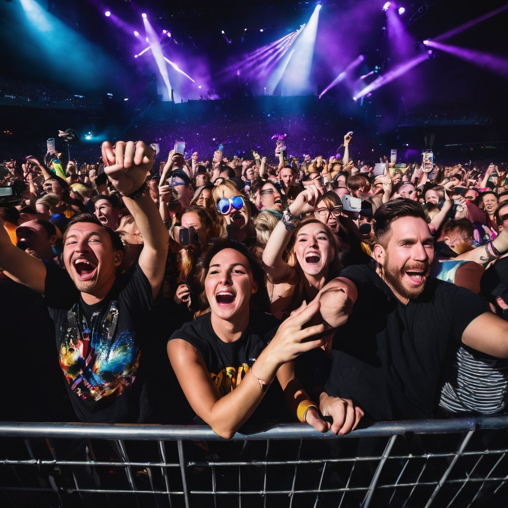 A lively crowd of Blink 182 fans at a concert.