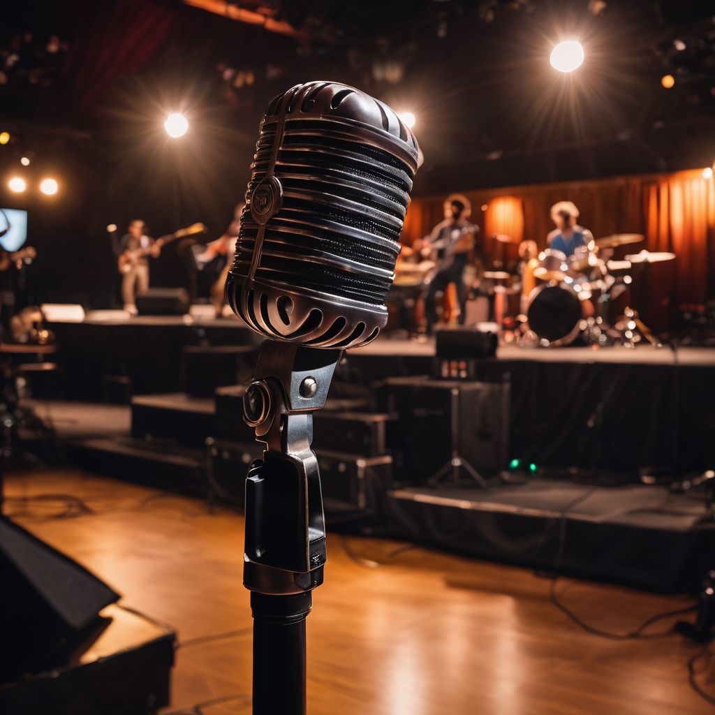 A vintage microphone on an empty stage surrounded by musical instruments.