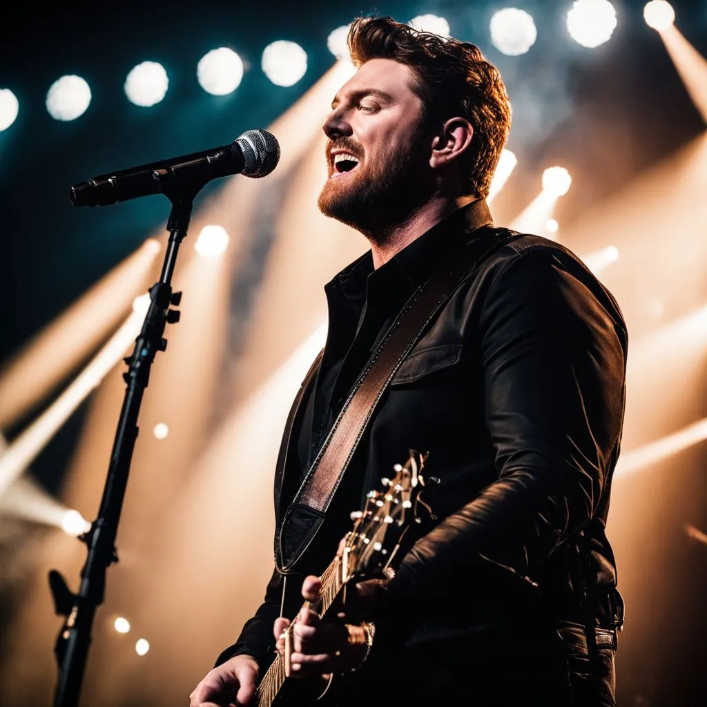 Chris Young passionately performs on stage in concert.
