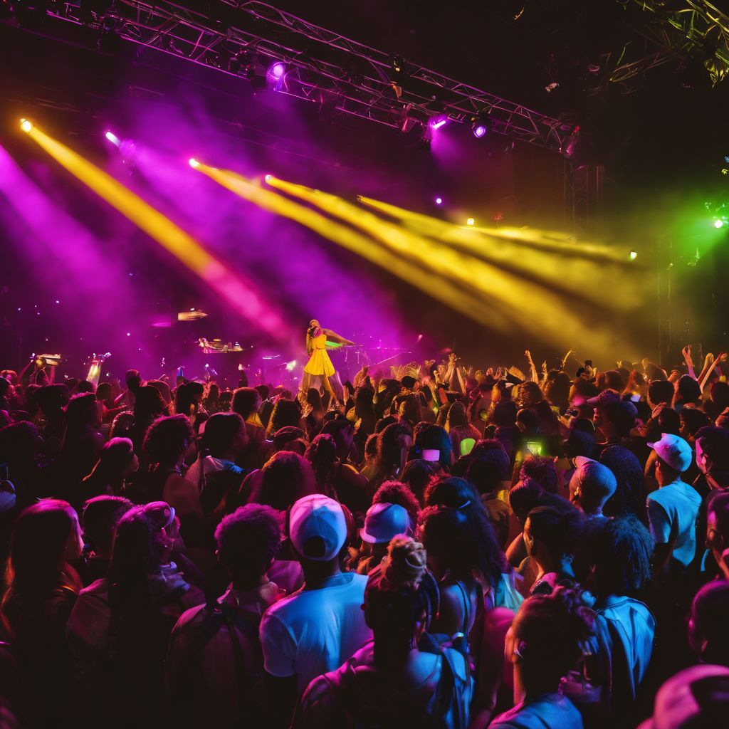 A packed Doja Cat concert with a diverse crowd and vibrant stage lights.