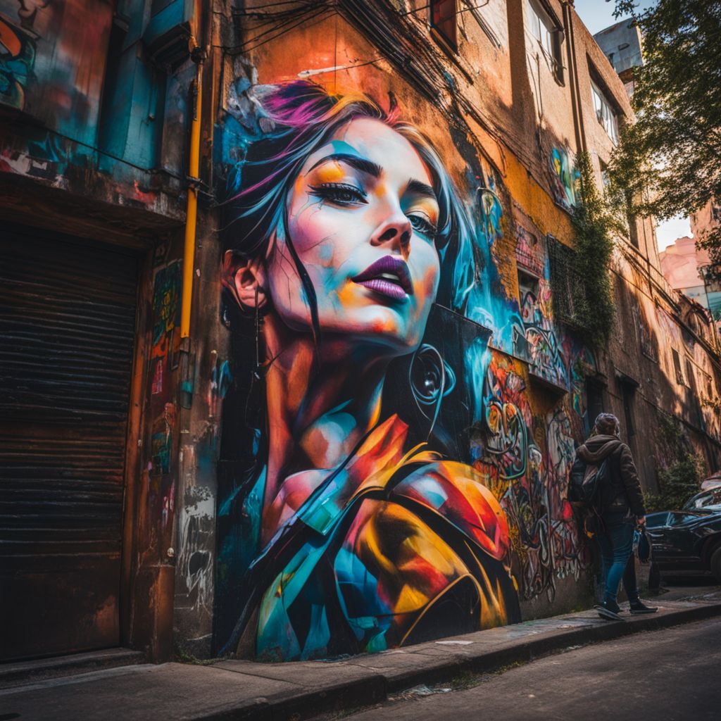 Vibrant graffiti artwork in a bustling city alleyway with diverse faces.