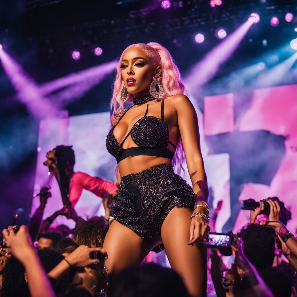 Doja Cat performing on a vibrant grand stage in front of a lively crowd.
