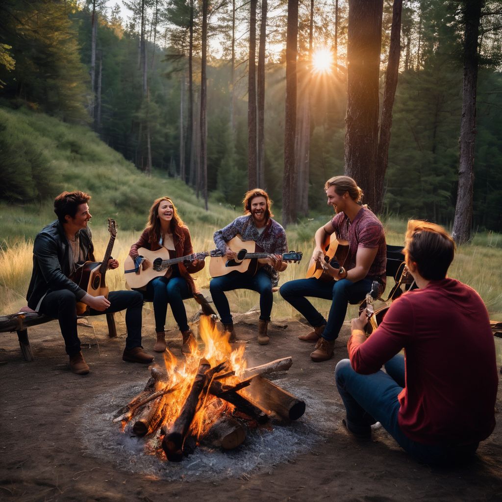 A group of diverse fans gathered around a bonfire, playing guitars and singing.