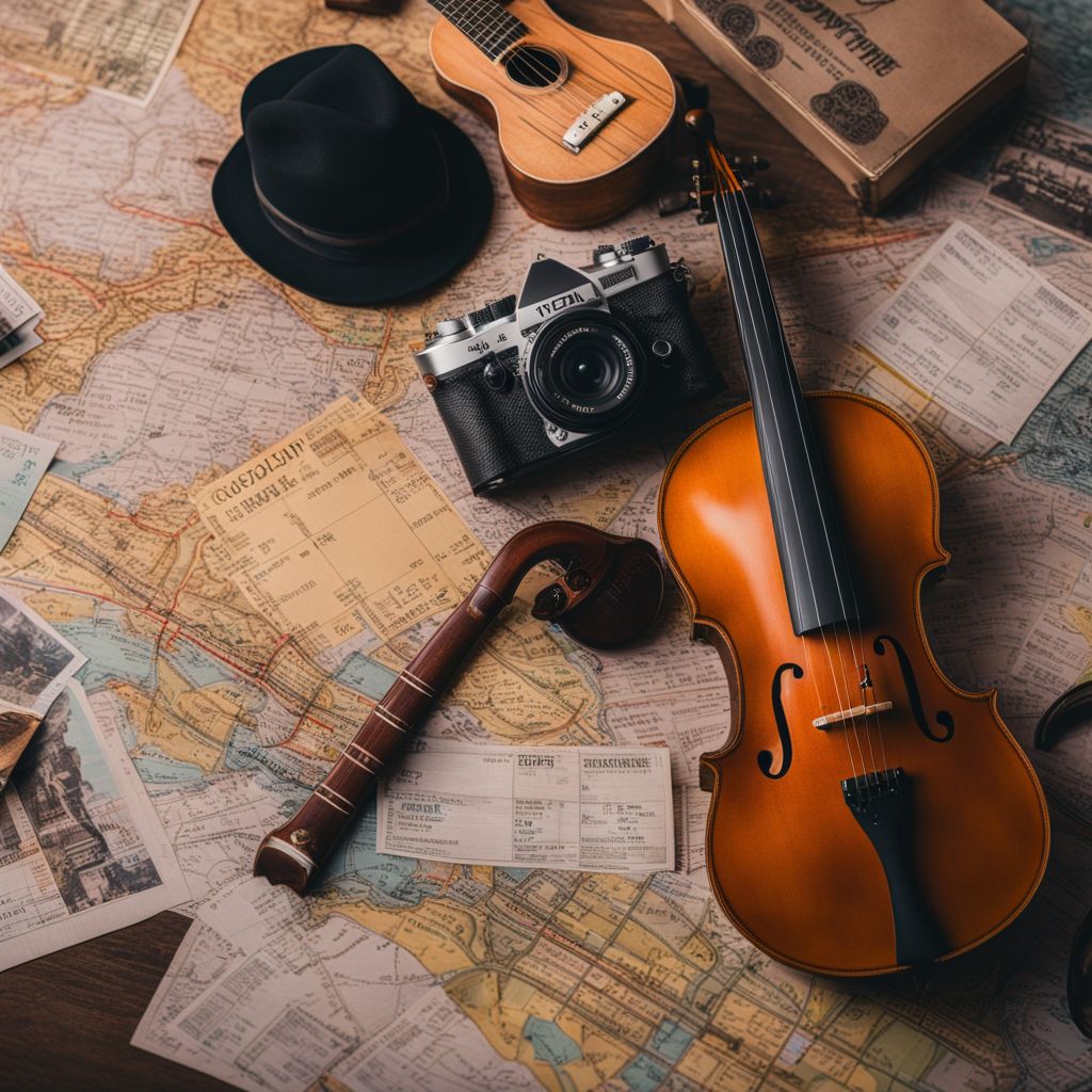 A collection of concert tickets and musical instruments on a map.