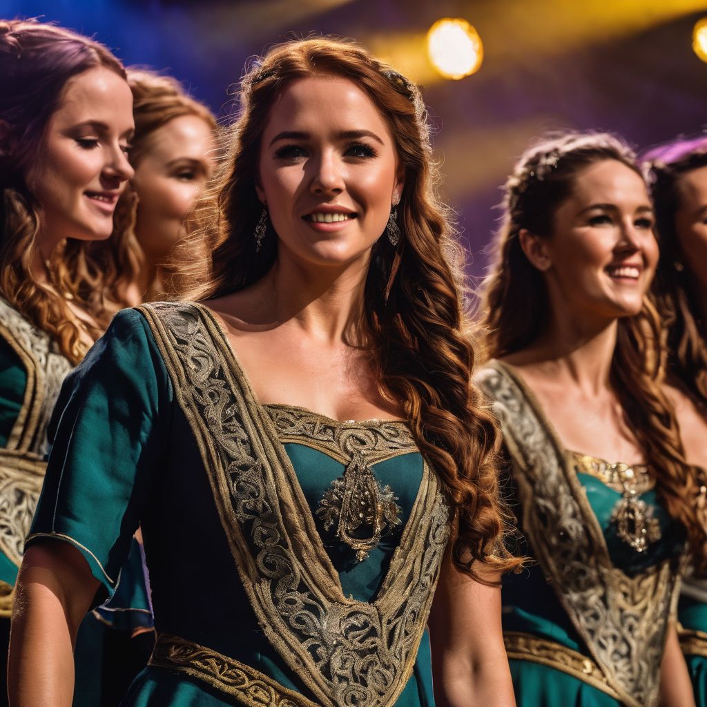A group of Celtic Woman musicians performing in traditional Irish attire.