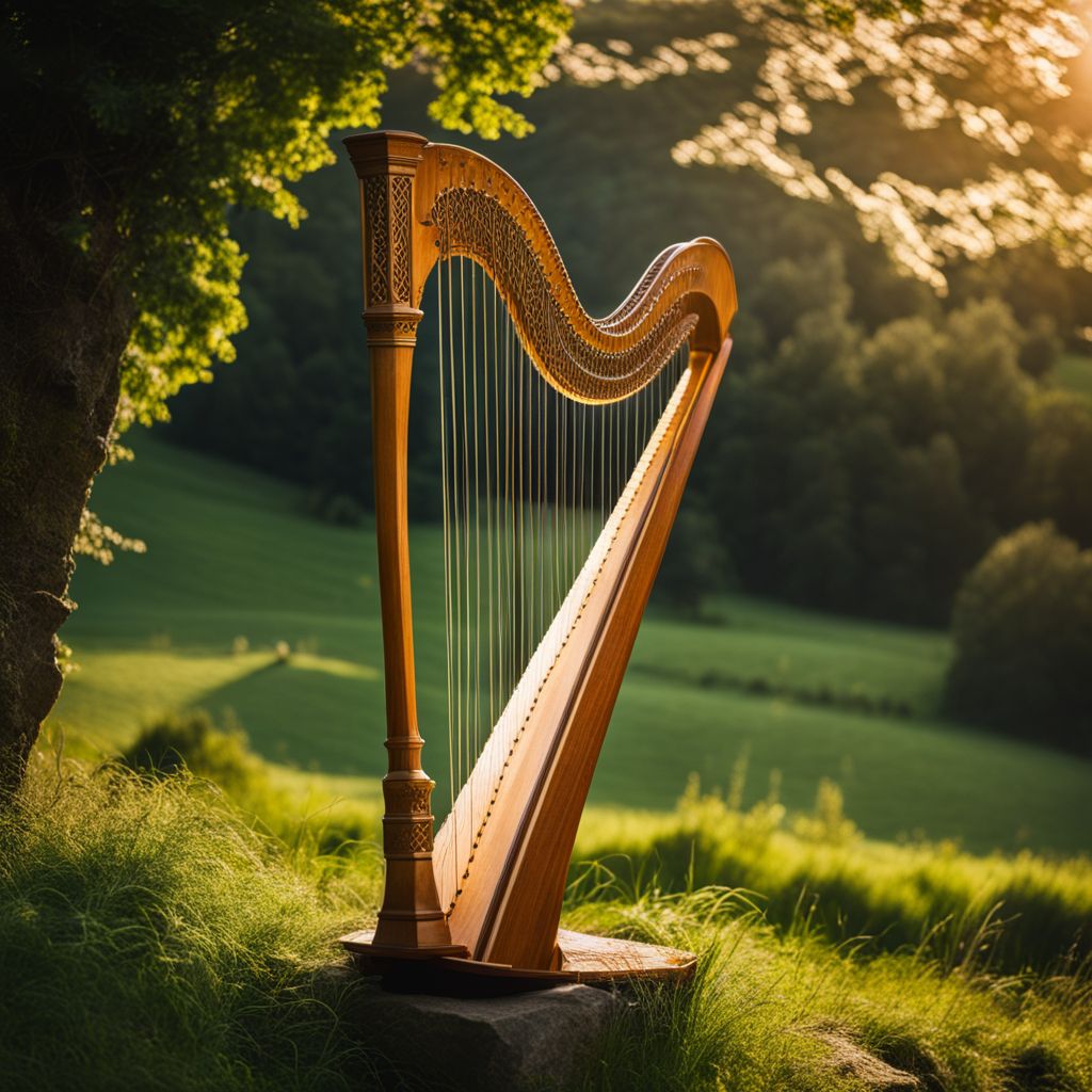 A Celtic harp amidst the Irish countryside with diverse individuals.