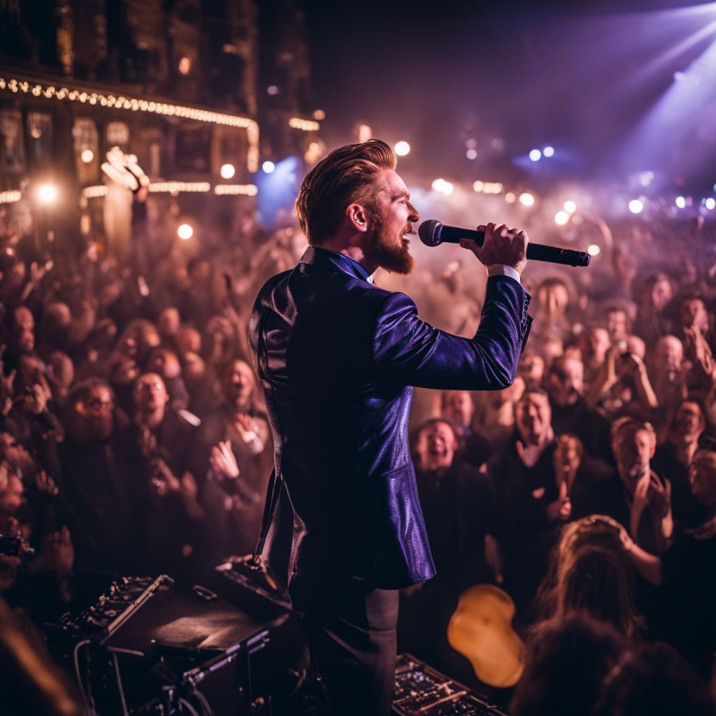 Charley Crockett performs in a bustling city surrounded by cheering fans.