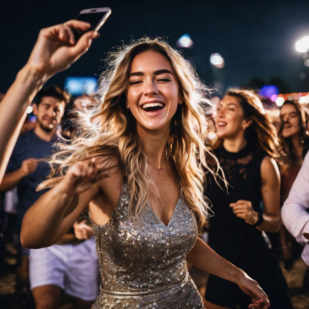 A group of music fans enjoying a lively outdoor concert in the city.