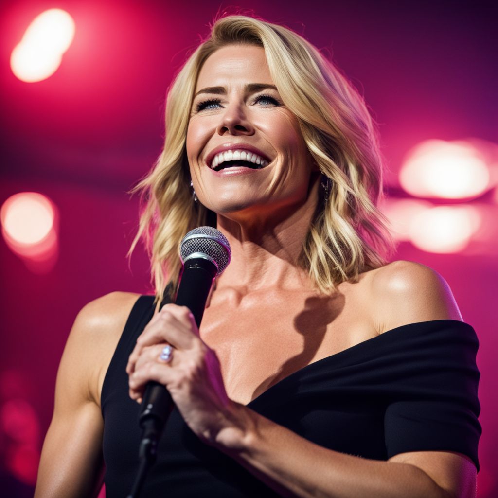 Chelsea Handler performing on stage with a microphone in hand.