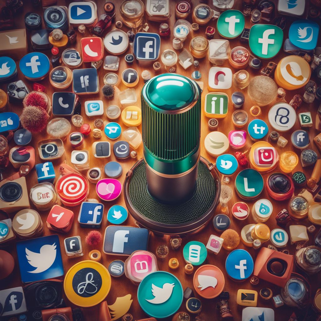 A vintage microphone surrounded by colorful social media icons and diverse faces.