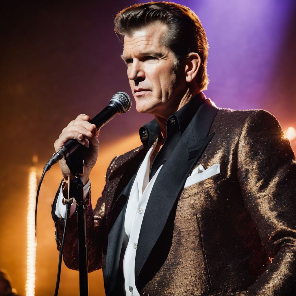 Chris Isaak standing on vintage microphone in concert hall during performance.