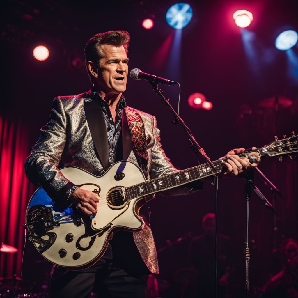 Chris Isaak performs on stage in a vintage music hall.