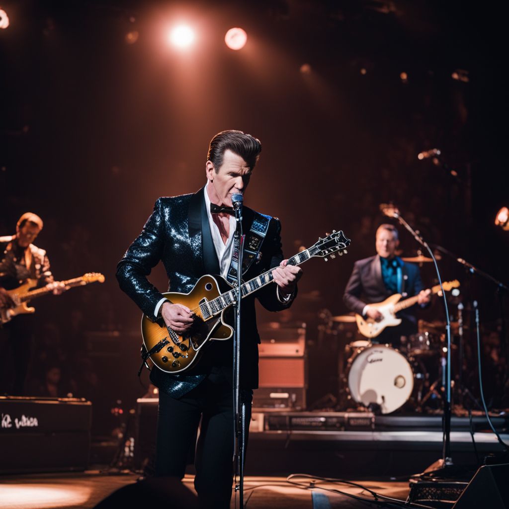 A photo of Chris Isaak's vintage microphone and guitar on a stage.