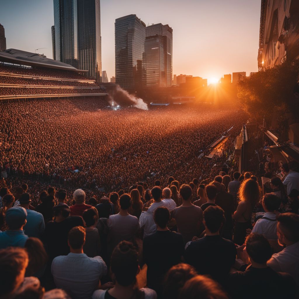 A crowded concert venue at sunset with diverse faces and hairstyles.