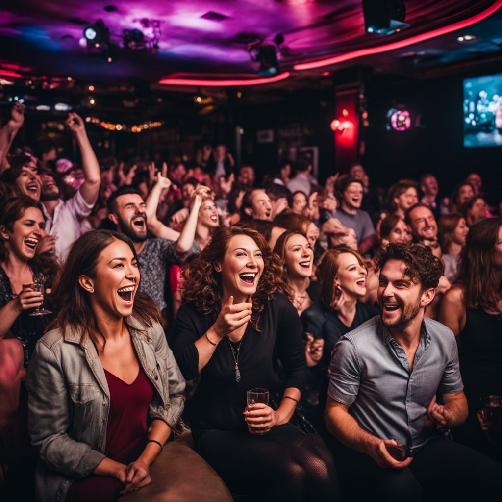 A crowded comedy club filled with diverse fans enjoying a show.