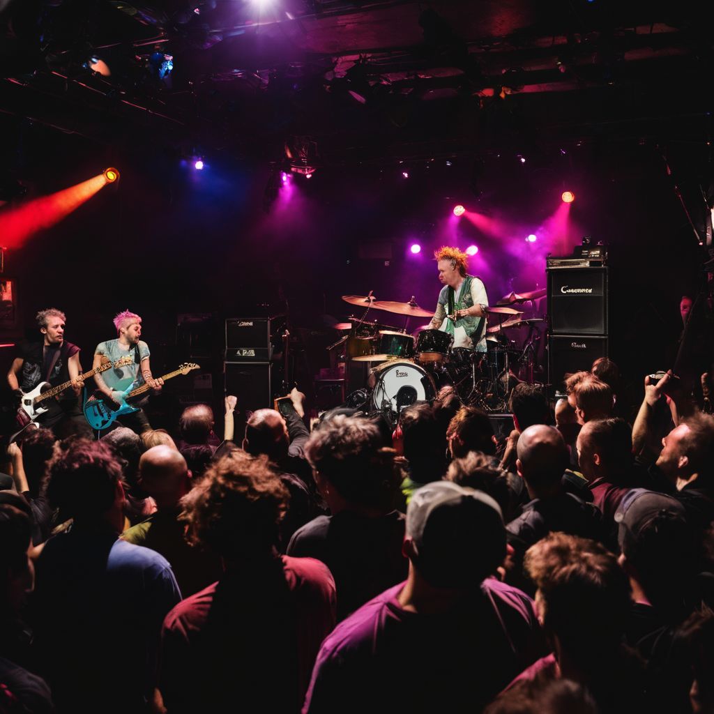 The band Circle Jerks performing live at a crowded punk rock concert.