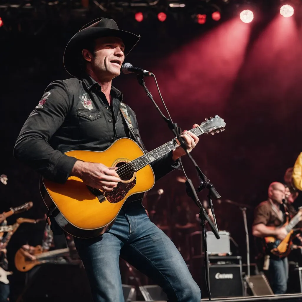 Corb Lund performing on stage at a music festival with cheering fans.
