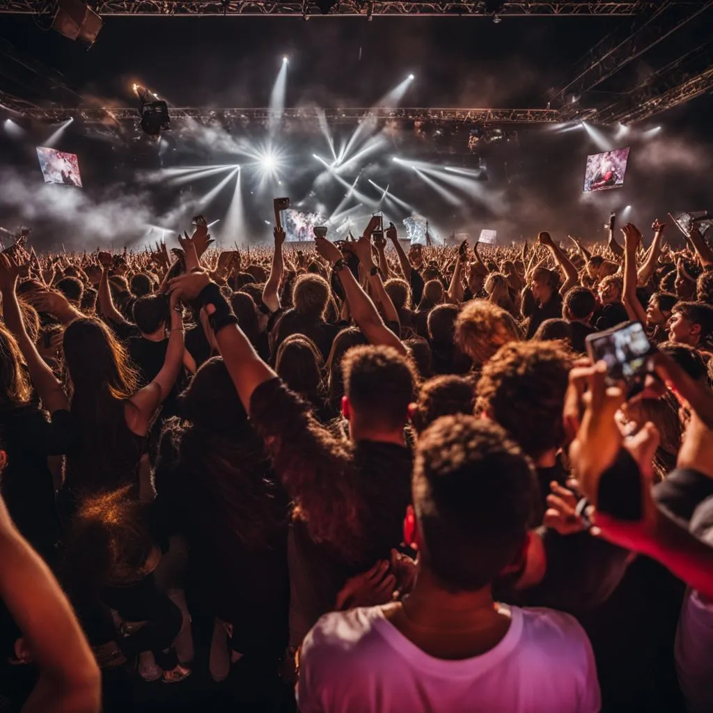 A crowd of enthusiastic fans cheering at a live concert.