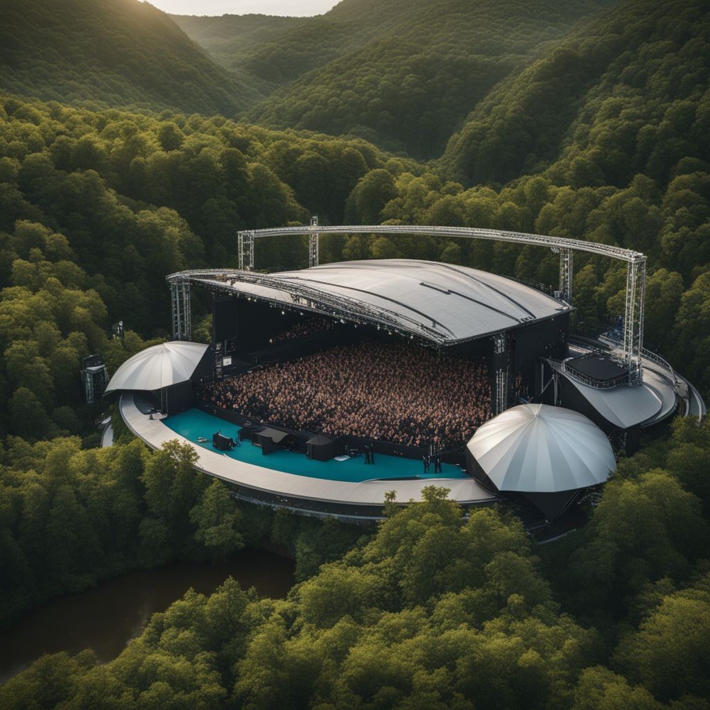 A futuristic concert stage with a diverse crowd and lush greenery.