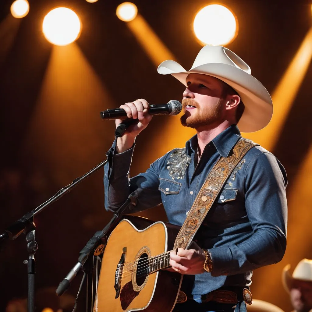 Cody Johnson performing at The Grand Ole Opry in a cowboy hat.