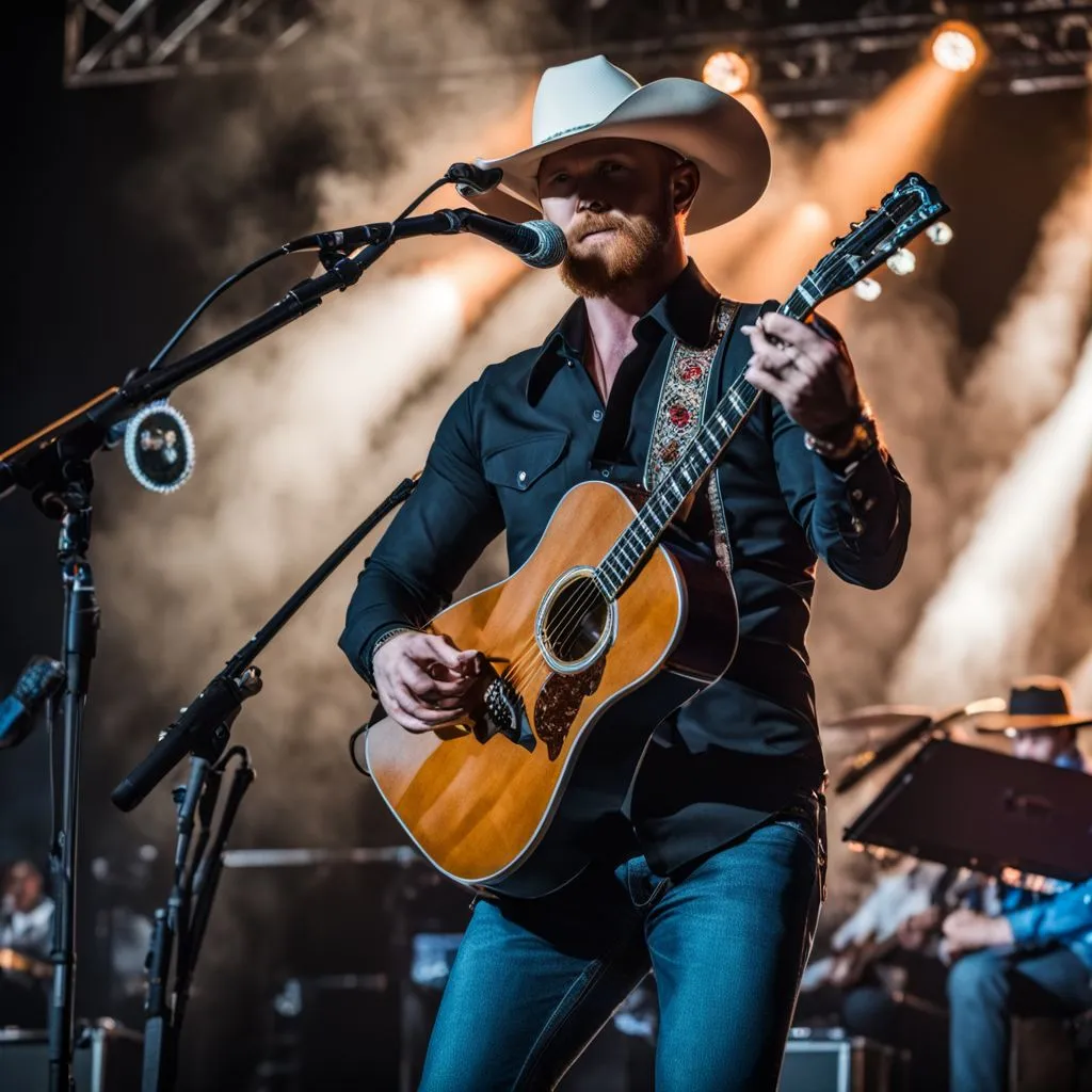 Cody Johnson performing on stage at a packed amphitheater.