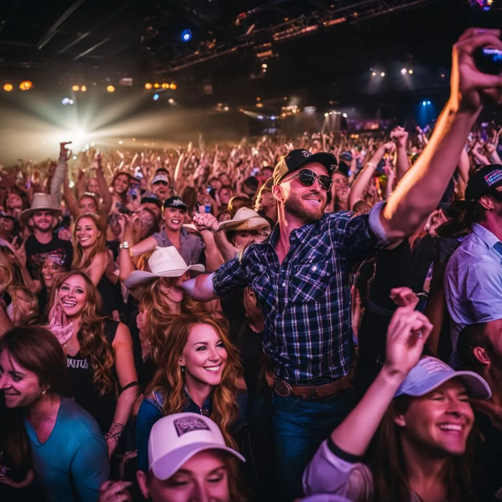 Fans cheering at a Cody Johnson concert with vibrant stage lights.