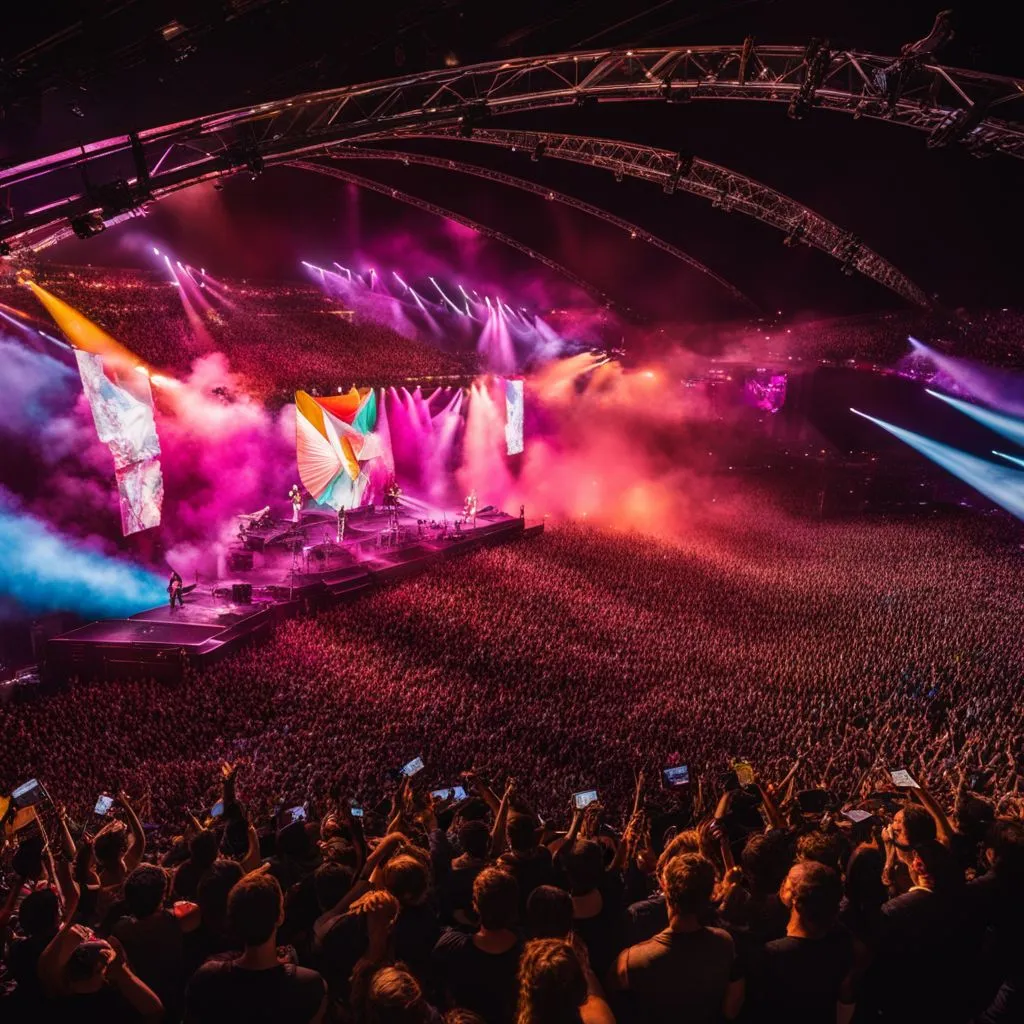 Coldplay performing live on a grand stage with a sea of fans.