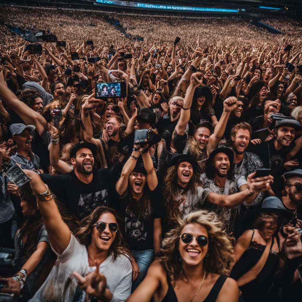 A crowd of enthusiastic fans cheering at a Scorpions concert.