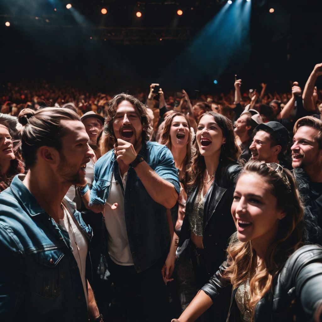 A group of diverse fans singing along at a Creed concert.