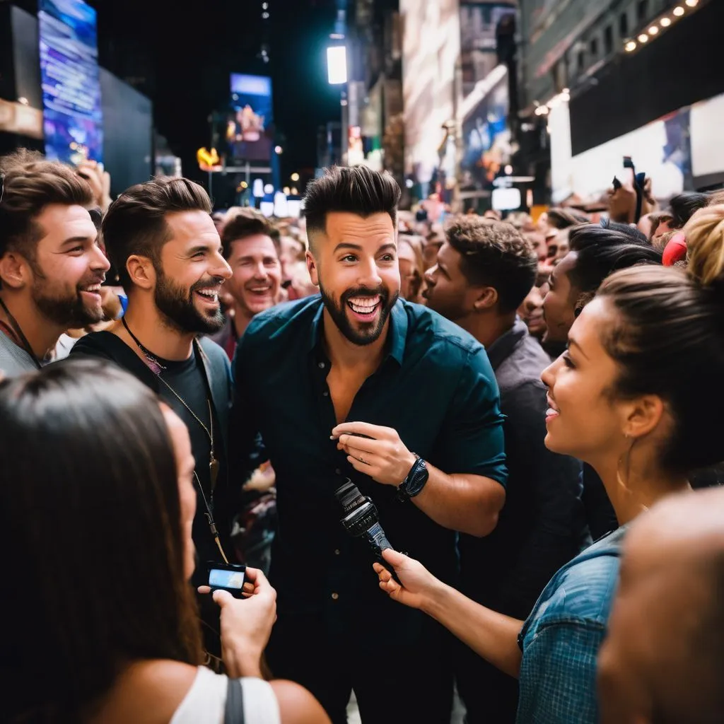 Comedian John Crist interacting with diverse audience after a show.