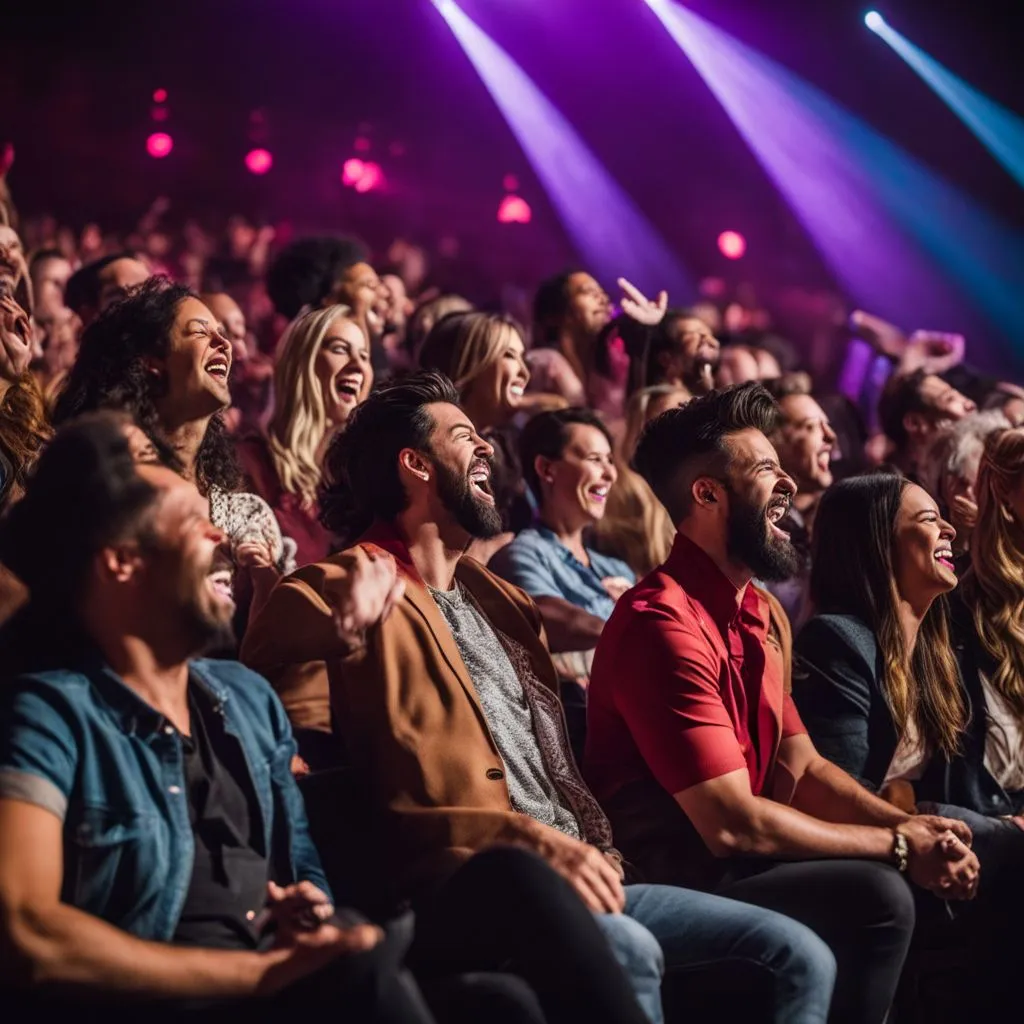 Audience enjoying John Crist's comedy show with diverse expressions.