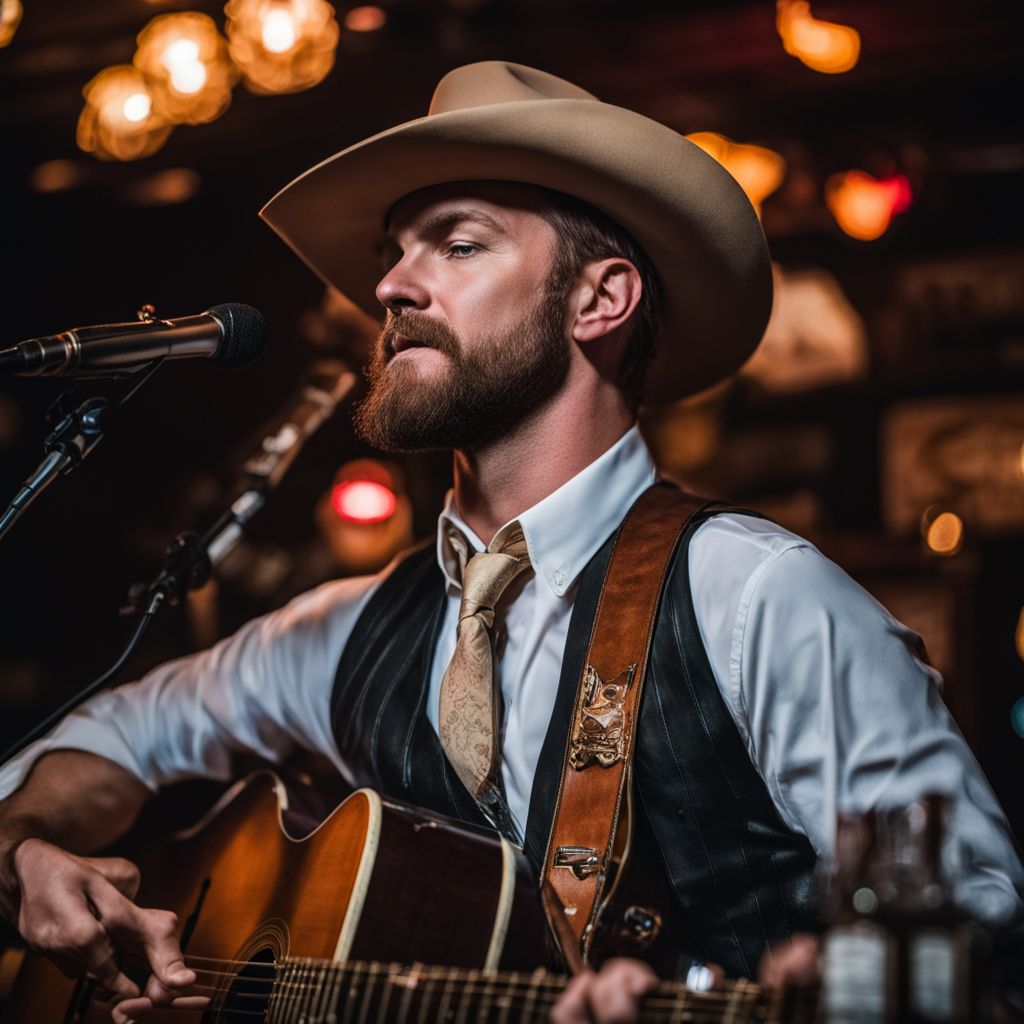 Charley Crockett performing on vintage stage in bustling honky-tonk bar.