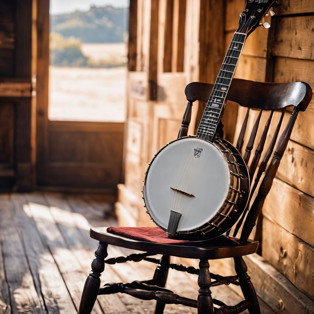An old banjo leaning against a wooden chair in a bustling room.