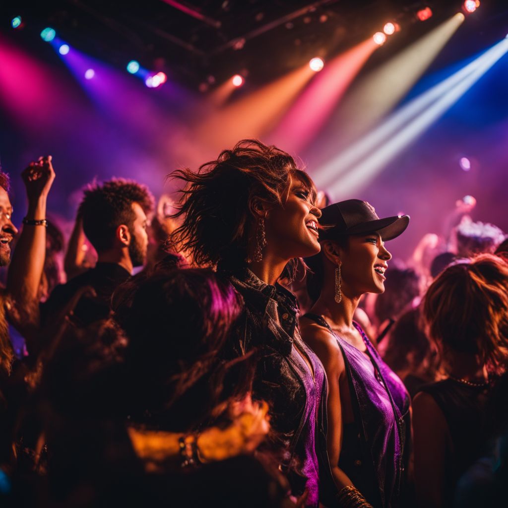 A vibrant concert crowd enjoying the music in colorful lighting.