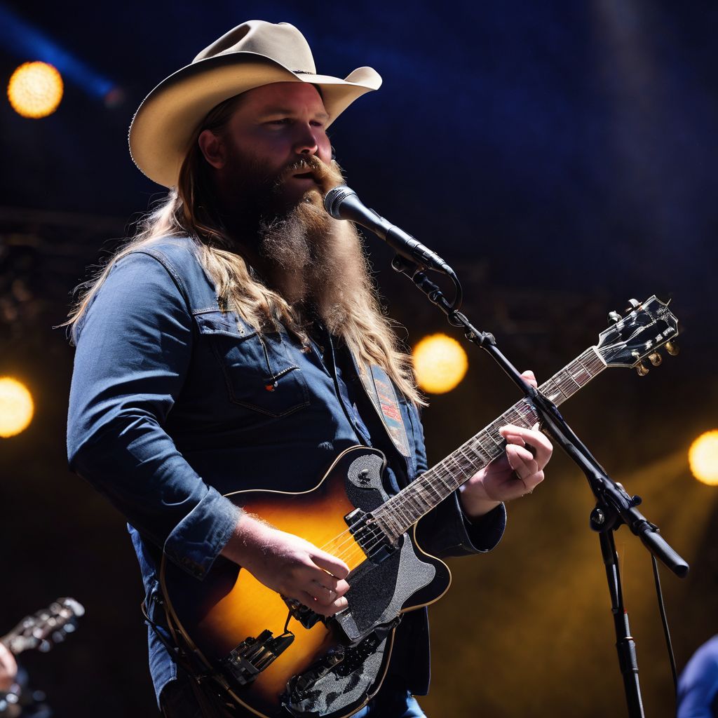 Chris Stapleton performing live on stage at an outdoor music festival.