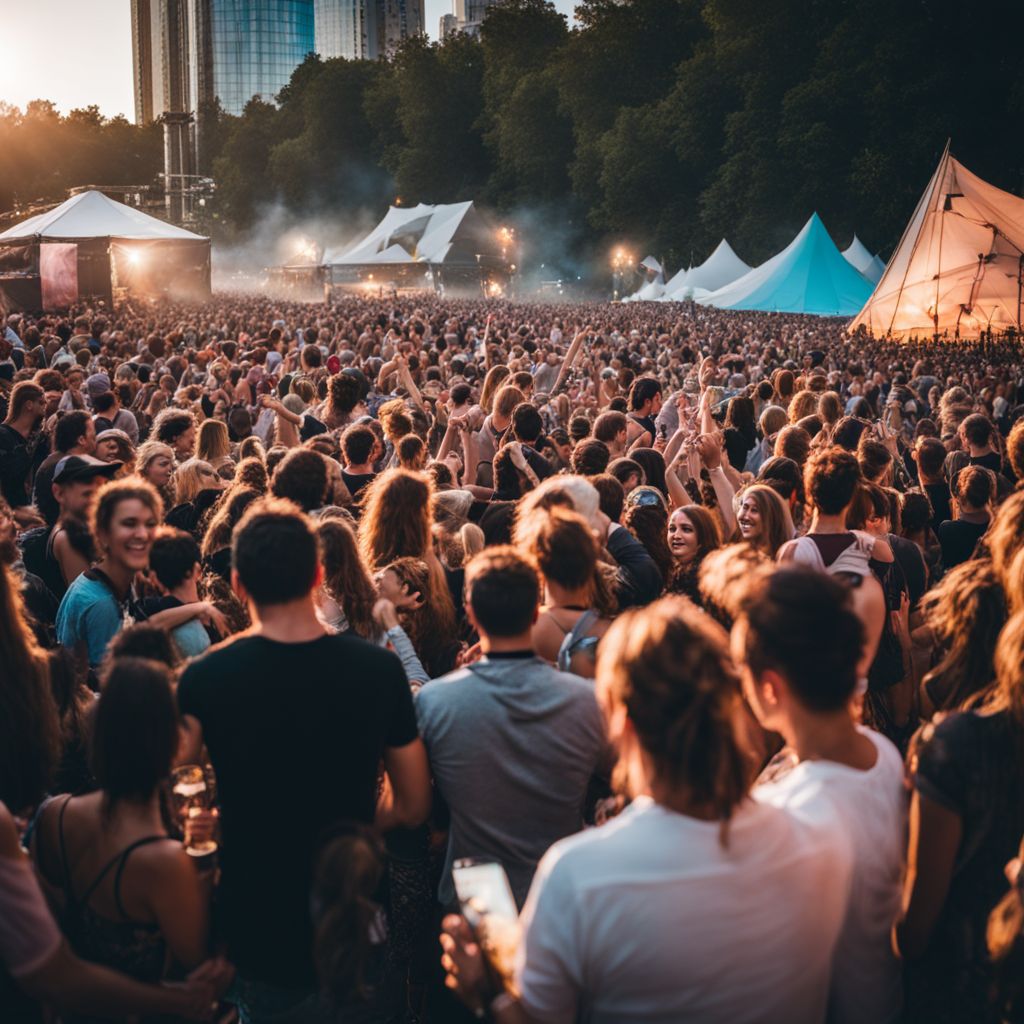 A crowded outdoor music festival filled with fans enjoying live music.
