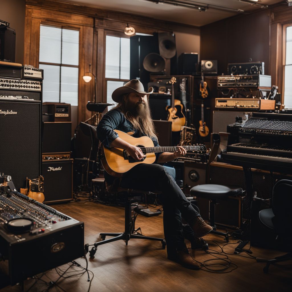 Chris Stapleton in a music studio with collaborators and instruments.