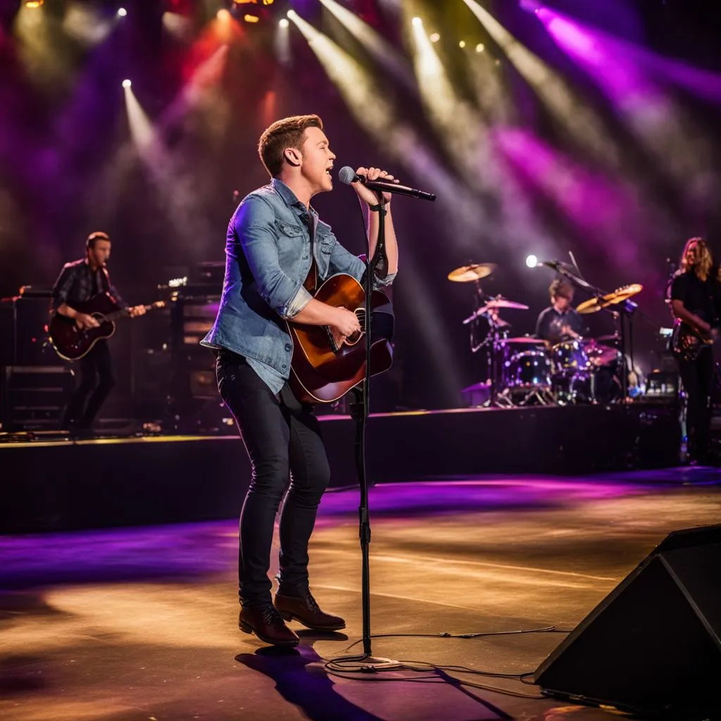 Scotty McCreery performing at a country music festival in a vibrant atmosphere.