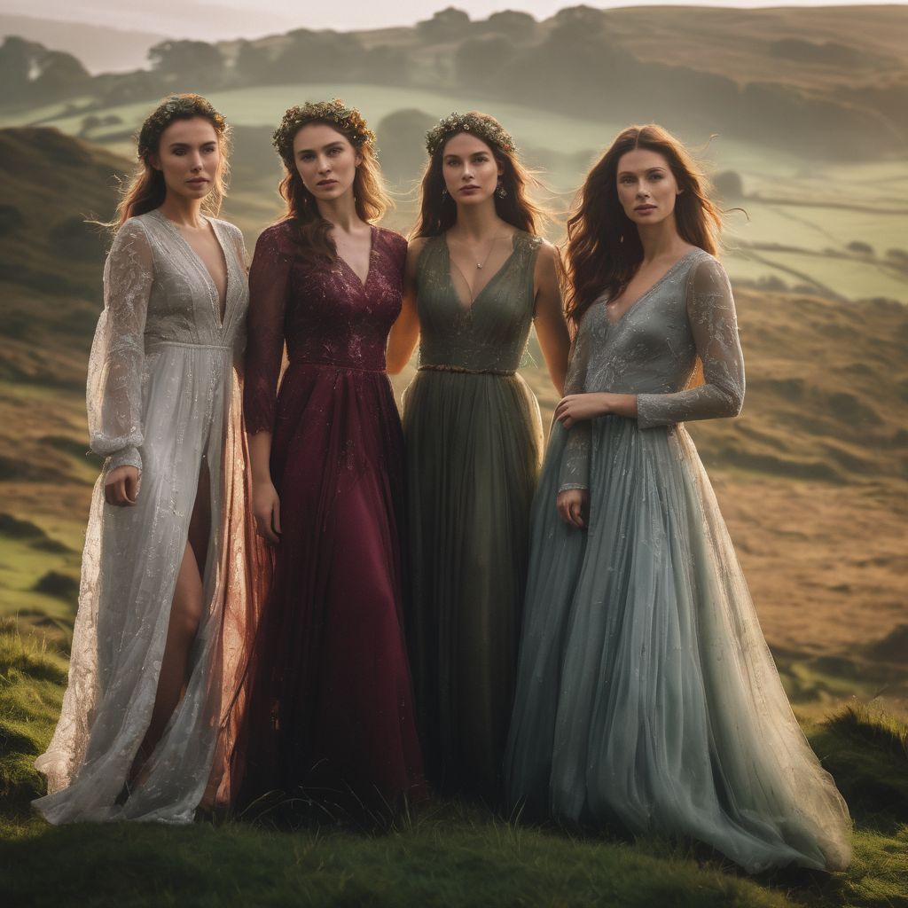 Four women standing in misty Irish countryside, different styles and outfits.