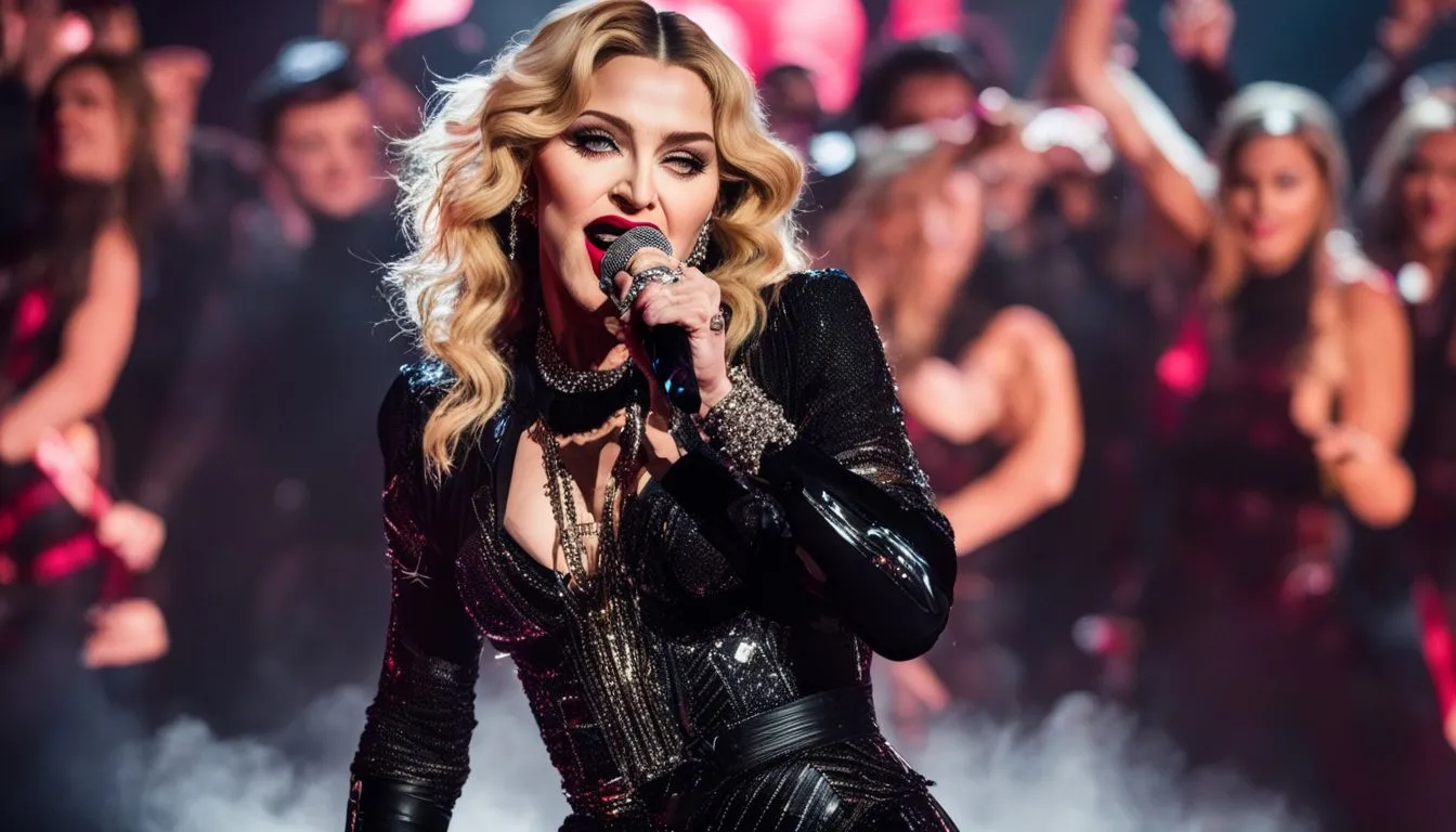 Madonna performing on stage in front of a lively crowd.