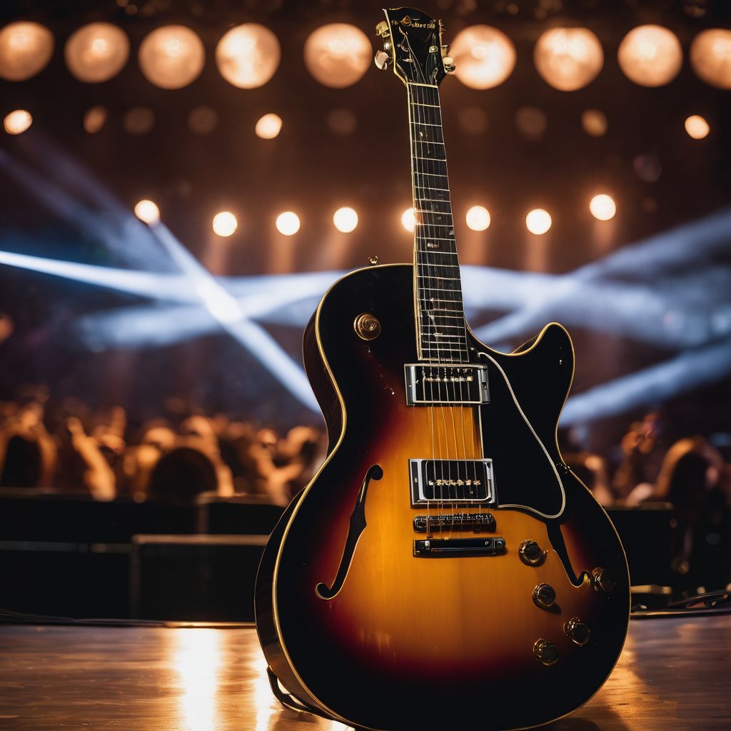 A guitar resting on a stage spotlight surrounded by concert lights.