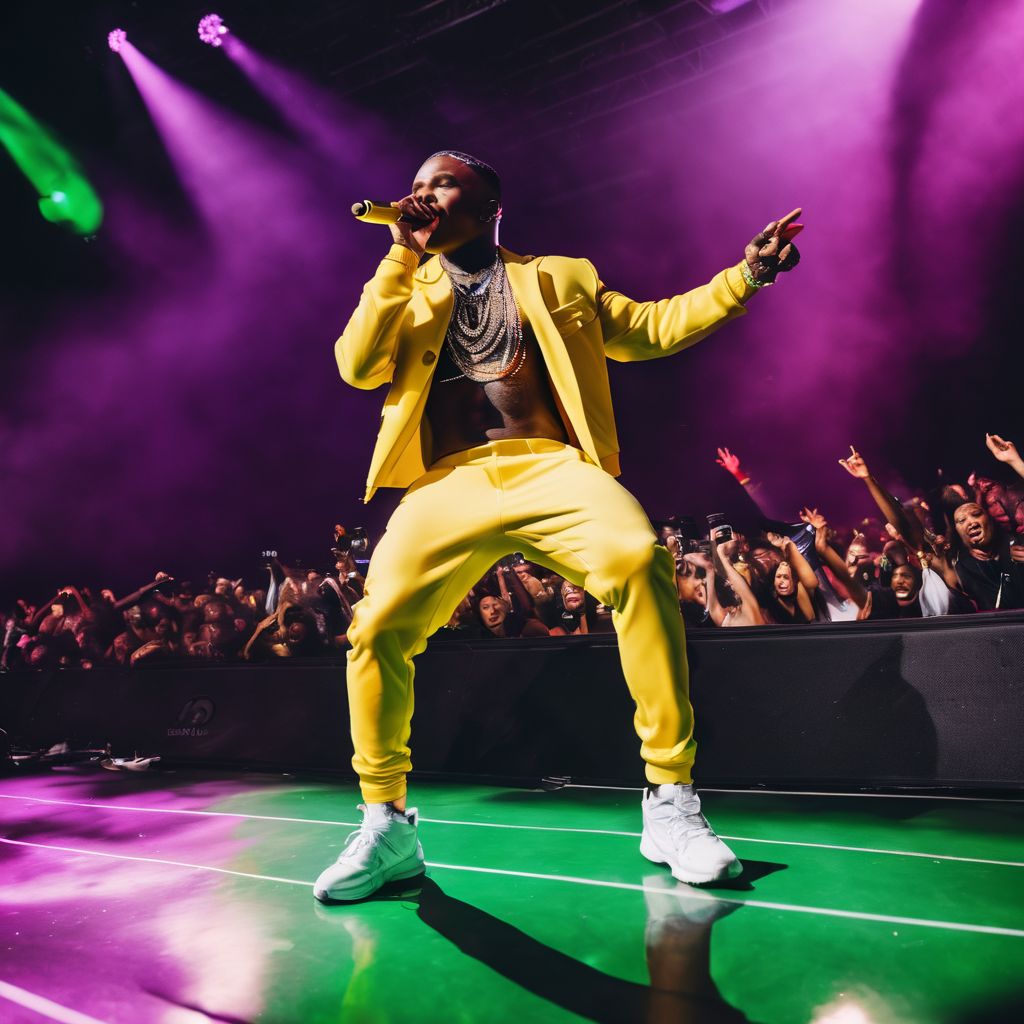 Dababy performing on stage with energetic fans in diverse outfits.