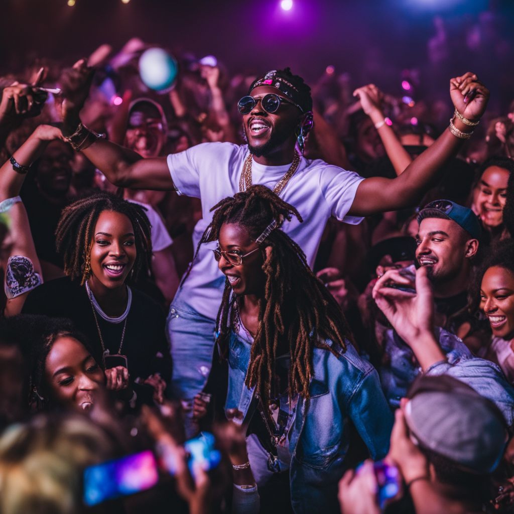 A lively crowd dancing and rapping at a DaBaby concert.