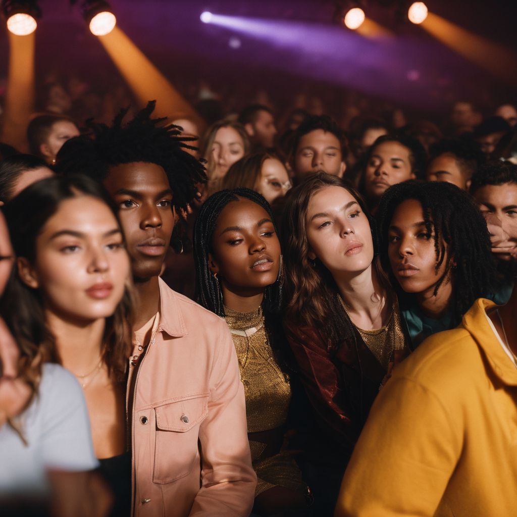 Diverse fans captivated by Daniel Caesar's performance in a concert venue.