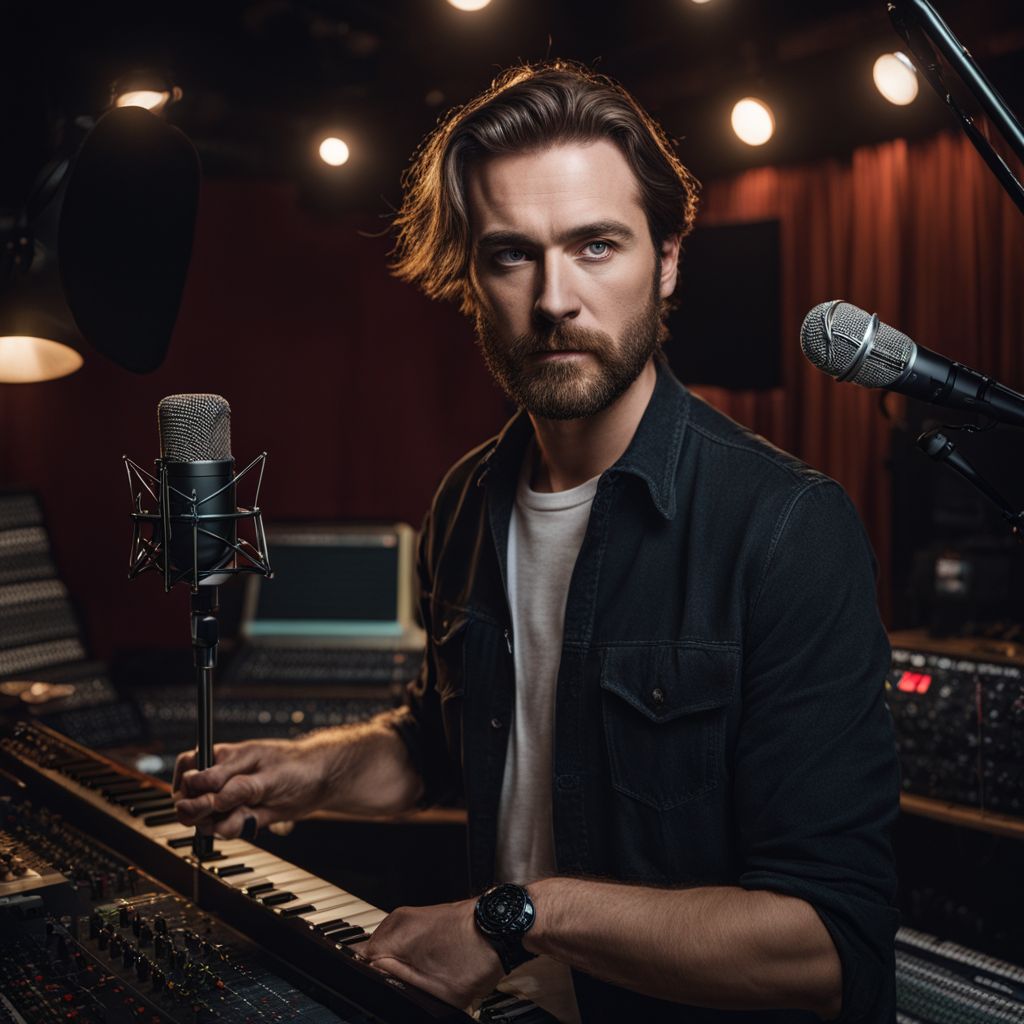 A man posing in a studio surrounded by microphones and instruments.