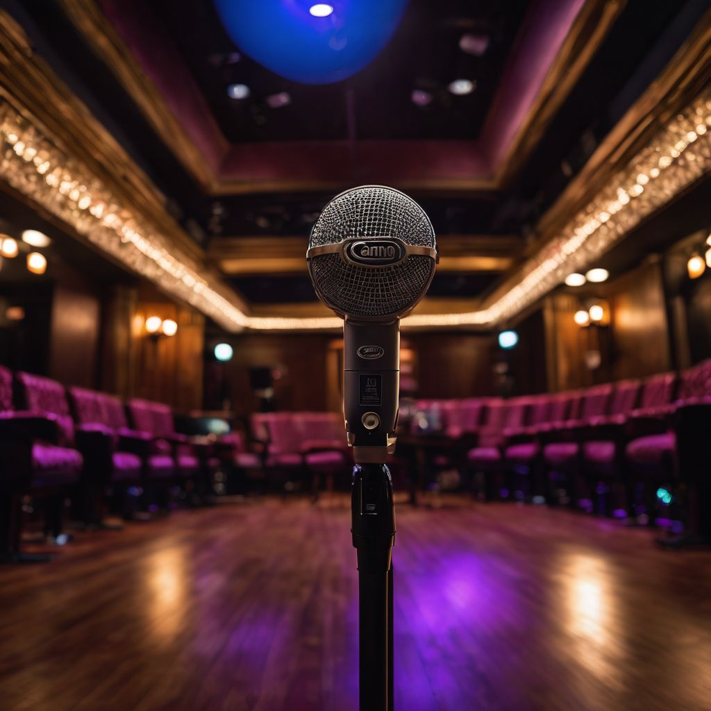 A microphone on stage in a dimly lit comedy club.