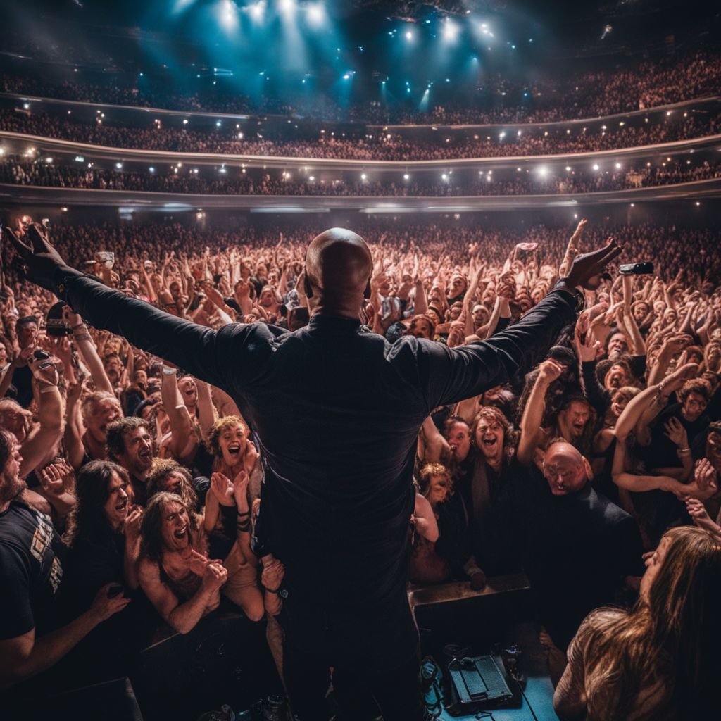 Dave Chappelle performs stand-up comedy to a cheering, diverse crowd.
