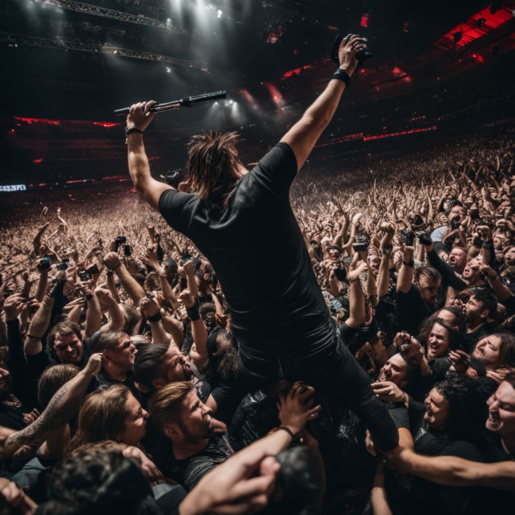 Disturbed fans moshing at a packed arena during a concert.