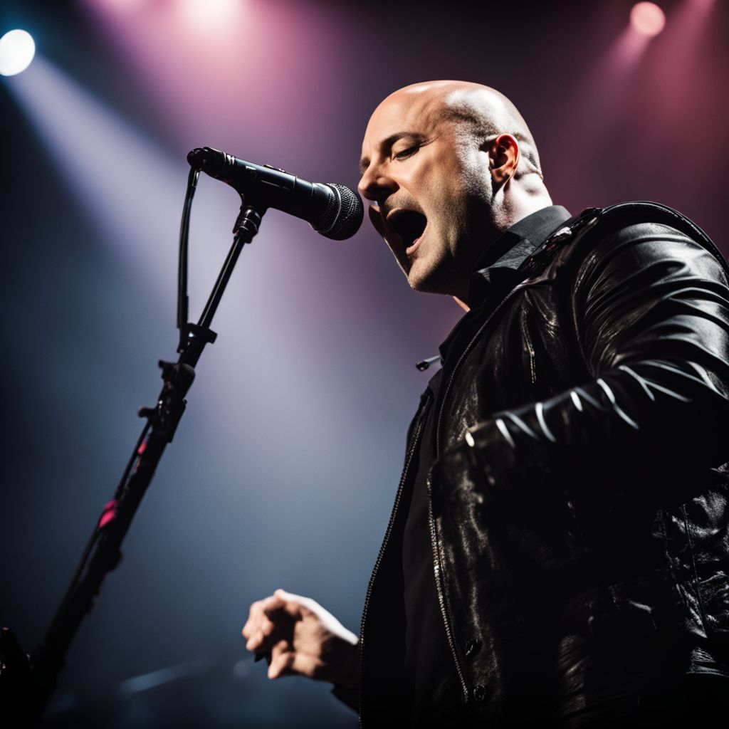 David Draiman performing on stage with powerful vocals and stage presence.